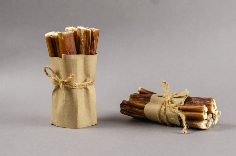 Gray-brown composition with dog treats. Bully sticks wrapped in brown paper and tied with twine. Portioned grouped Beef pizzle. Chewing treats.
