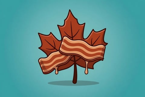 Illustration of a red maple leaf with wavy bacon strips woven through it on a turquoise background