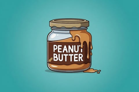 A jar of peanut butter with a tan lid and brown label against a turquoise background, with a small drizzle of peanut butter below